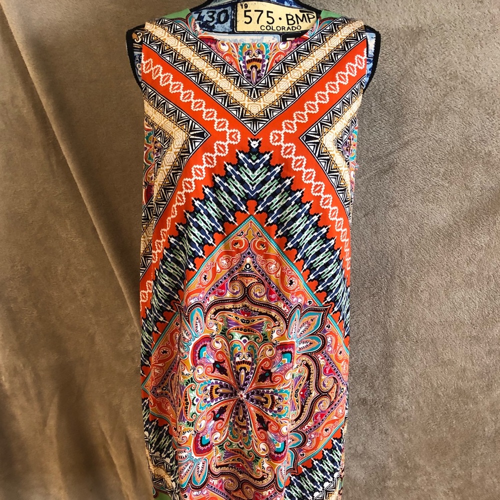 Orange Blue Pattern knee-length Cotton Dress